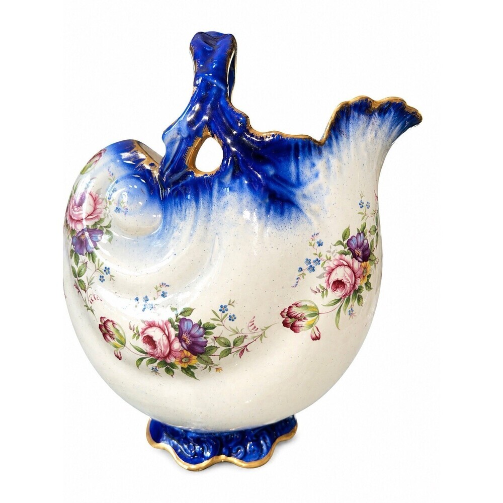 Antique Beautiful England Pitcher 12 1/2 Flow Blue W/ Gold & Floral Motif